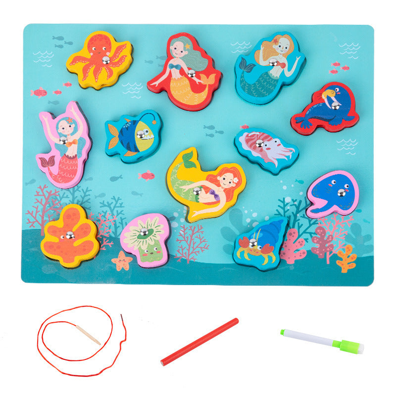 Children's wooden double-sided multifunctional pairing board threading rope drawing board children's fishing string jewelry educational toys