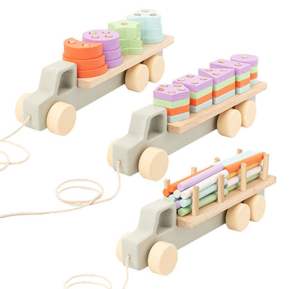 Children's early childhood education Montessori wooden two-in-one macaron shape matching set column drag train educational toy