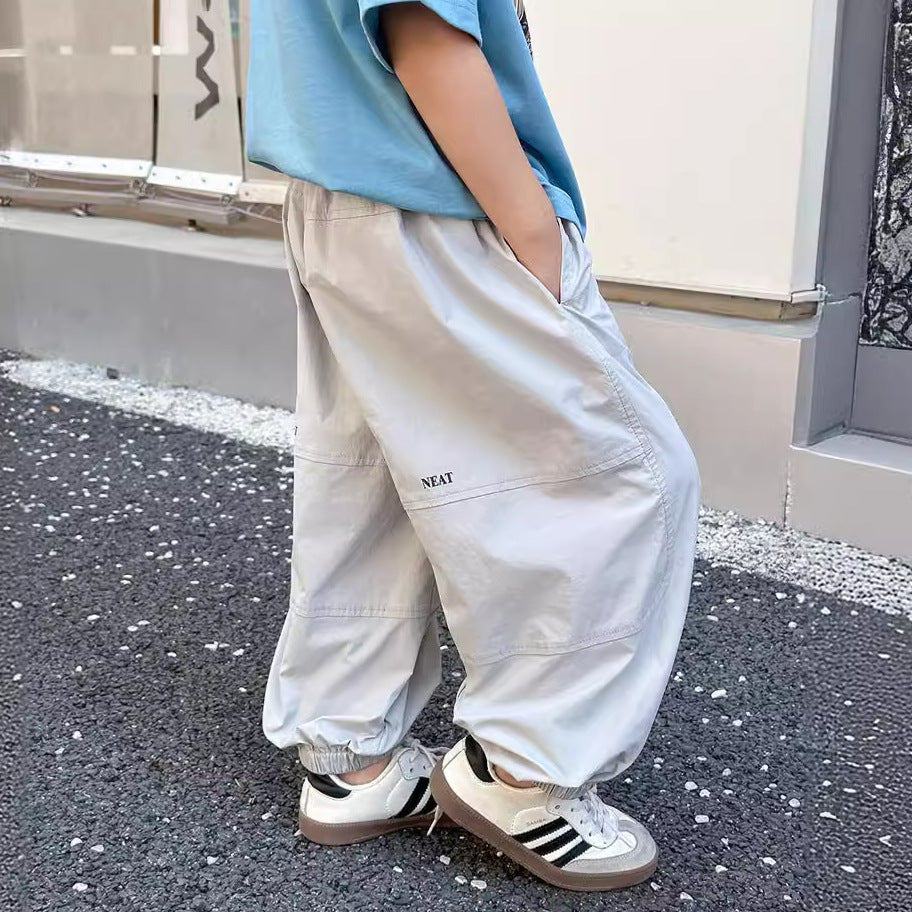 Amo Beibei children's 2024 summer leggings letter thin quick-drying pants boys cool stitching casual anti-mosquito pants trend