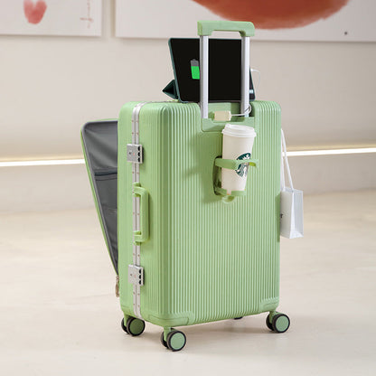 Suitcase with USB interface, front opening trolley case for women, men's fashion cup holder, password suitcase 20 cabin case 