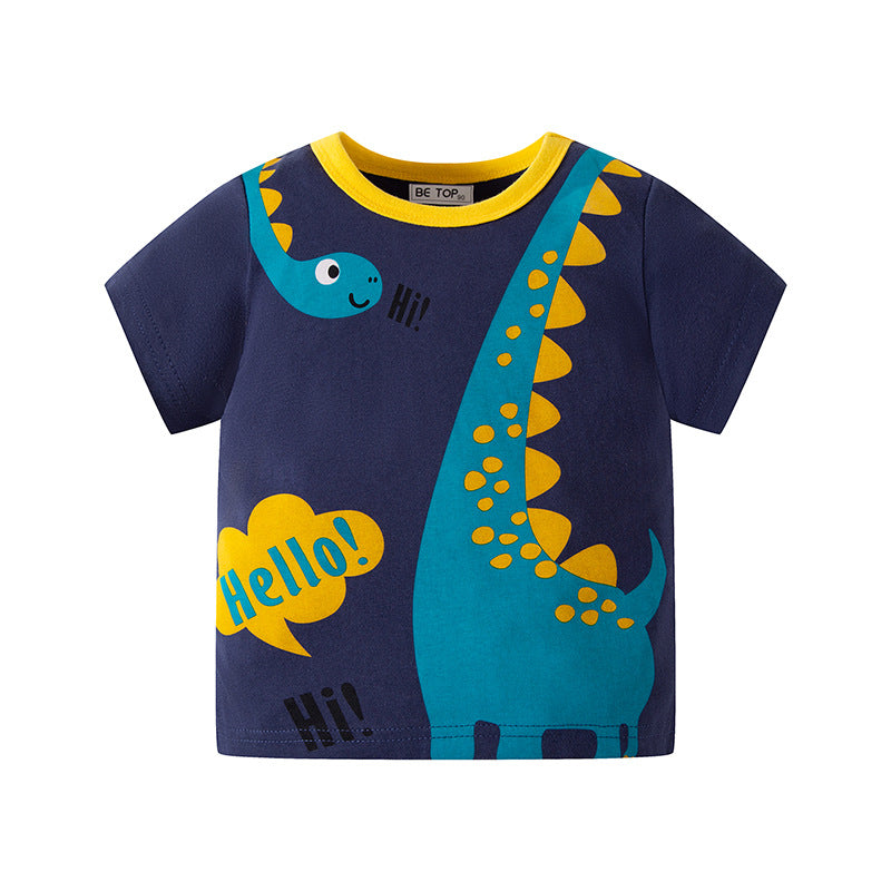 Boys short-sleeved baby cartoon half-sleeved 2024 summer clothes three-dimensional dinosaur children's T-shirt pure cotton children's clothing one piece delivery