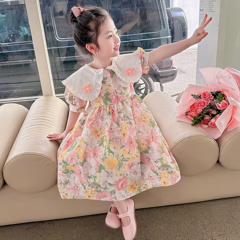 Girls summer cotton skirt pure cotton skirt small and medium children doll collar floral French forest series kindergarten oil painting style