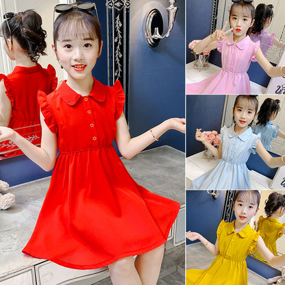 Girls summer clothes 2024 new children's dresses for middle and large children, stylish solid color chiffon skirts for girls, thin princess skirts