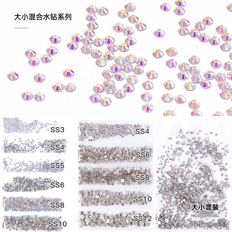 Nail jewelry wholesale 6-grid bagged rhinestones AB diamonds colored diamonds glass diamonds super flash flat bottom diamonds mixed colorful silver bottom