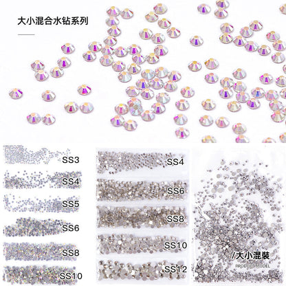 Nail jewelry wholesale 6-grid bagged rhinestones AB diamonds colored diamonds glass diamonds super flash flat bottom diamonds mixed colorful silver bottom