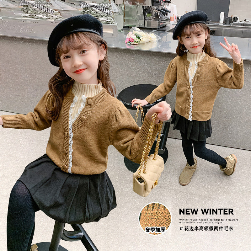 Girls' fake two-piece sweater Korean style button sweater warm base fragrance style lace sweater elastic Japanese style middle and small children