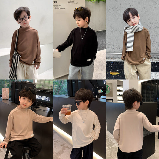 Amo Beibei children's 2024 spring mid-collar modal bottoming shirt for boys and girls baby label comfortable long-sleeved T-shirt