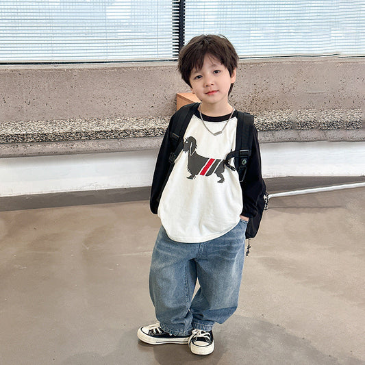 Amo Beibei children's clothing 2024 spring children's handsome raglan cartoon long-sleeved T-shirt baby color matching loose top ÉÉÏÒÂ