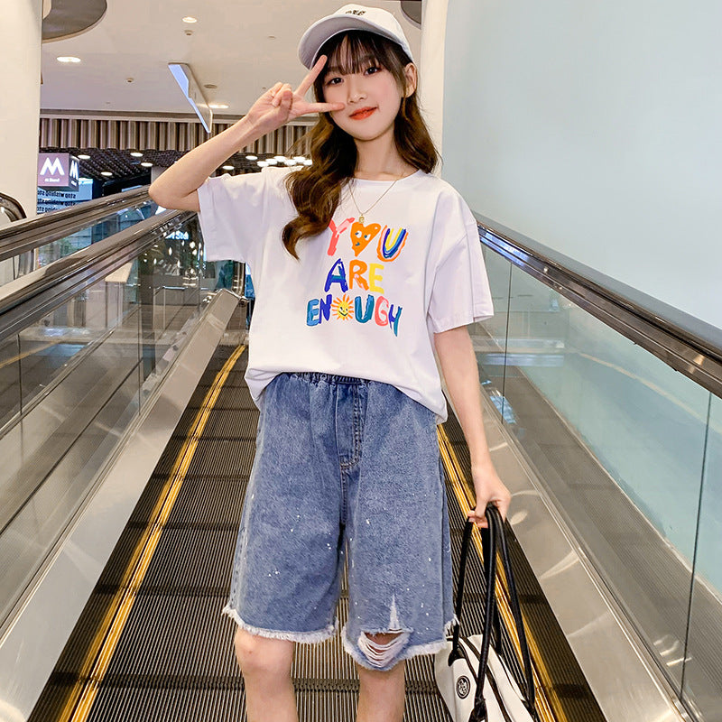 2024 Summer Girls Short-sleeved T-shirts for Middle and Large Children Loose Letter Casual Tops Trendy Children's Summer Clothes