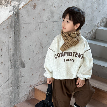 Amo Beibei children's 2023 winter plus velvet letter top for boys and girls one-piece Austrian velvet warm open-line sweatshirt