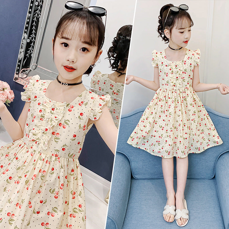 Girls dress summer 2024 new children's clothing children's short-sleeved cotton floral dress girl's stylish princess dress trend