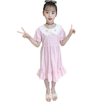 Girls short-sleeved dress 2024 summer new style wood ear edge doll collar plaid skirt girl cotton sweet long skirt