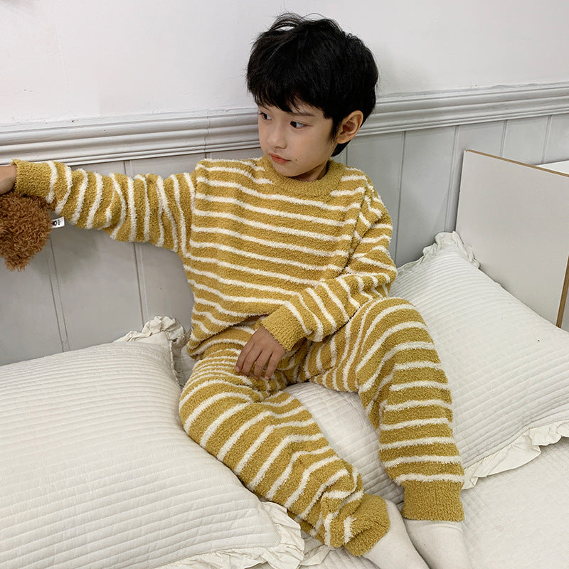 Amo Beibei children's 2024 winter thick warm home clothes boys and girls Korean velvet striped pajamas set trend