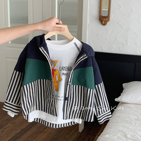 Children's jacket 2024 Bangcheng Spring Boy Korean version color matching vertical stripes casual hooded windbreaker jacket trendy F0435