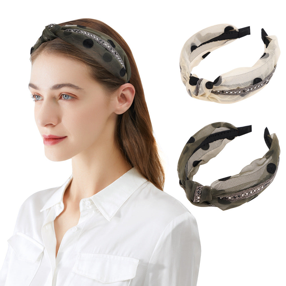 Women's headband European and American retro ethnic style knotted head buckle polka dot chain mesh fabric wide-brimmed headband hair cave women