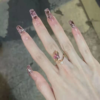 Wear long nails, the same style as Wen Jingling, pink nude diamond nail stickers, removable nail stickers, finished nail pieces