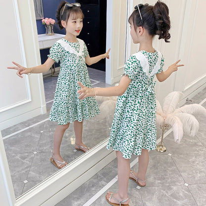 Summer children's pure cotton French palace puff sleeve dress short-sleeved floral princess middle and large children's stylish slim trend