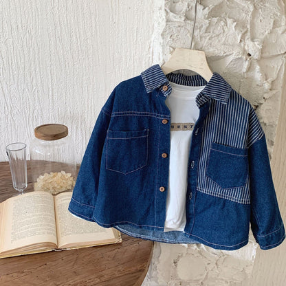 Children's shirt 2024 Bangcheng Spring Korean Boys Splicing Denim Shirt Baby Fashion Jacket Trend F0296