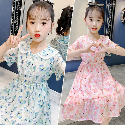 Girls chiffon dress 2024 summer new style doll collar butterfly print princess dress Bohemian holiday dress