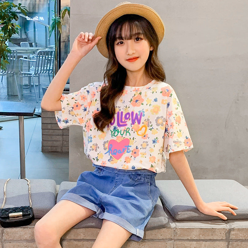 Girls summer new short-sleeved tops cotton T-shirt with floral print Korean version for middle and large children elastic loose fat elementary school trend