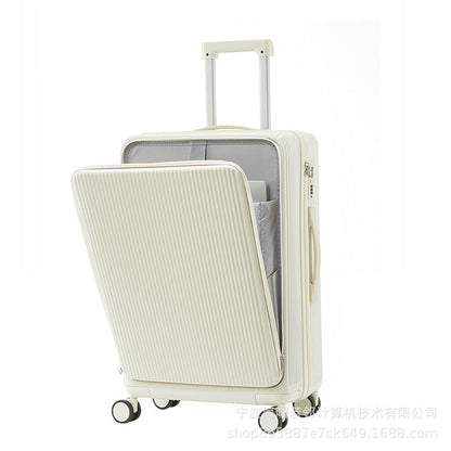 Suitcase with USB interface, front opening trolley case for women, men's fashion cup holder, password suitcase 20 cabin case 