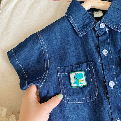 Children's suit 2023 Bangcheng summer style boys and small children Korean version of the little dinosaur logo denim short-sleeved two-piece suit F0107