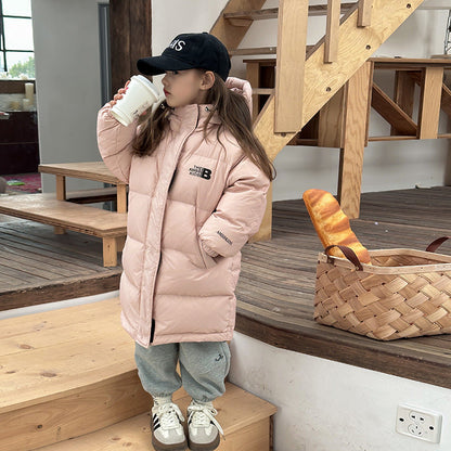 New national standard Aimo Beibei children's medium and long hooded down jacket for boys and girls 90 white duck down warm coat