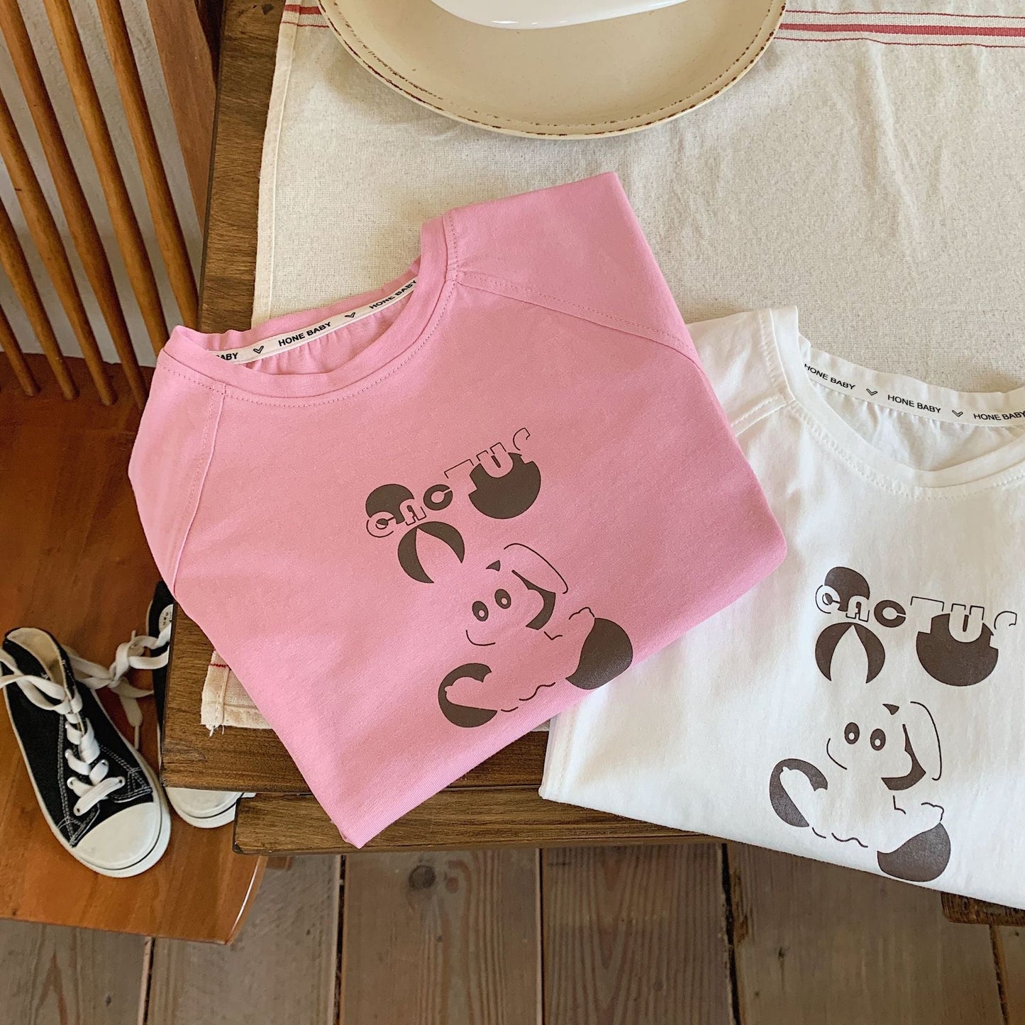 Children's T-shirt 2023 Bangcheng summer style boys and girls Korean simple bunny splicing short-sleeved T-shirt top F0171