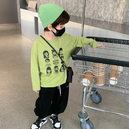 Children's trousers for boys and girls 2023 spring new handsome side label sweatpants baby Korean version loose cuff casual pants