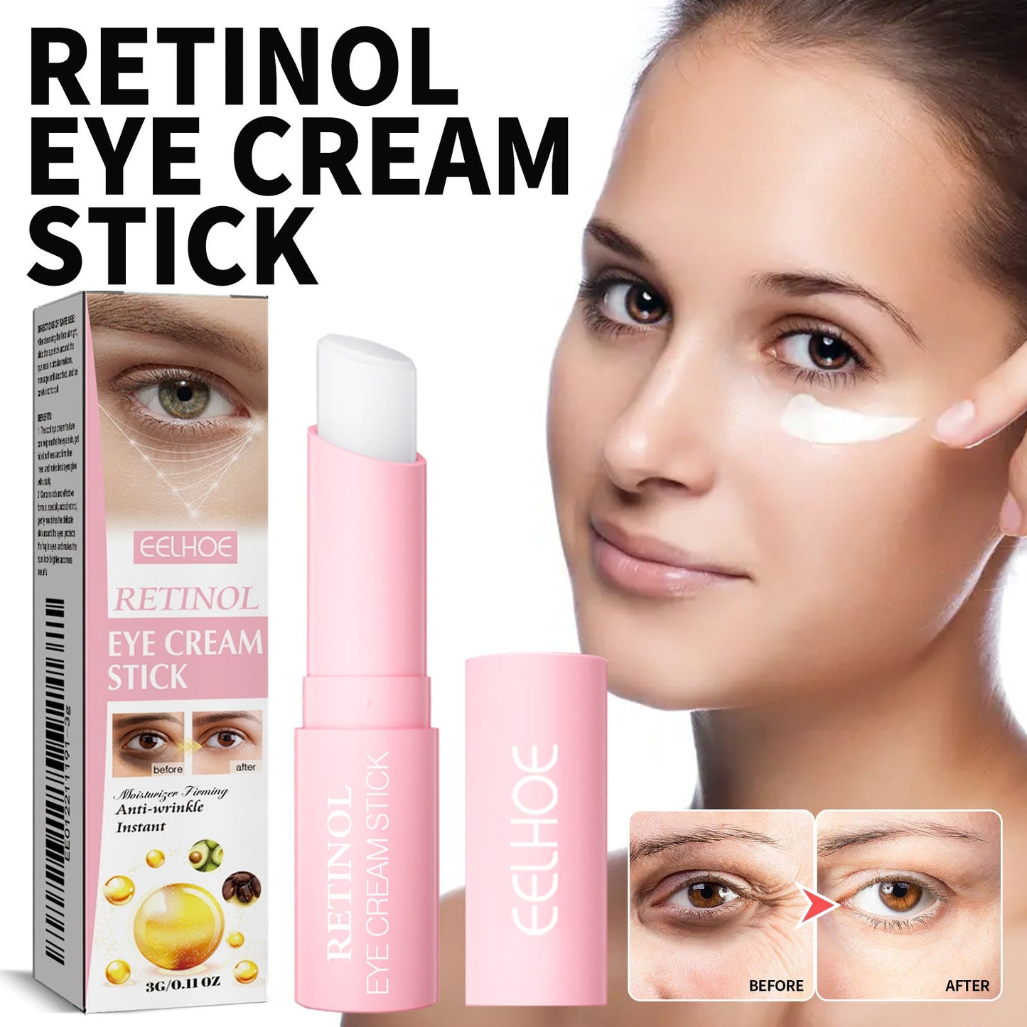 EELHOE Retinol Eye Cream Stick ធ្វើអោយប្រសើរឡើងនូវស្នាមជ្រួញ ជើងក្អែក រង្វង់ភ្នែកខ្មៅ ផ្តល់សំណើម និងបន្តឹងស្បែកភ្នែក 