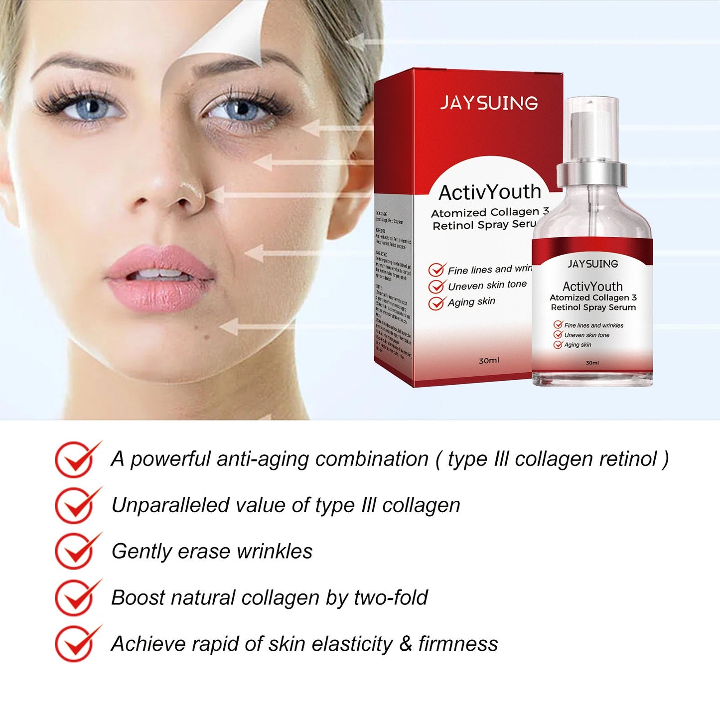 Jaysuing Collagen Retinol Essence Spray ប្រឆាំងភាពចាស់ កាត់បន្ថយស្នាមជ្រួញ ផ្តល់សំណើម និងបន្តឹងស្បែក 