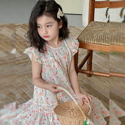 Children's girls summer cotton skirt floral cotton skirt vest skirt beach skirt holiday forest summer vacation seaside long skirt