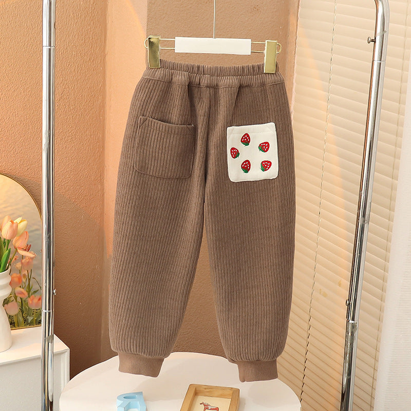 Winter girls' thickened fleece pants chenille plus size plus size corduroy elastic bloomers keep warm and stylish