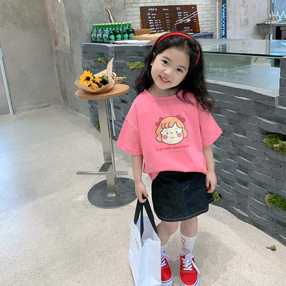 Korean children's clothing 2024 summer new children's short-sleeved girls baby trendy cartoon doll print T-shirt tops