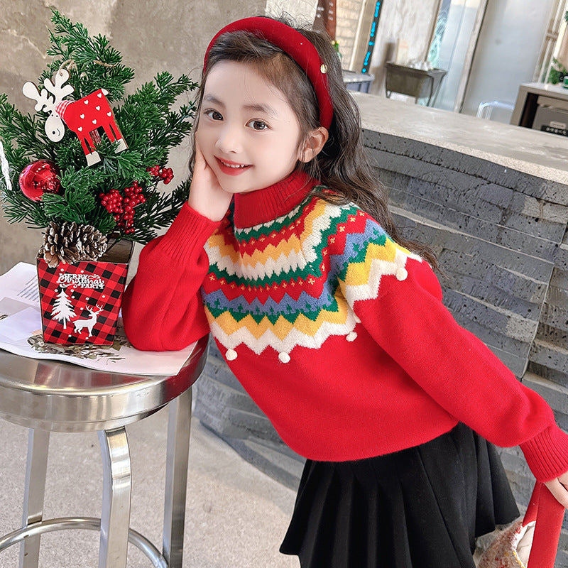 Girls' new sweater pullover knitted sweater bottom line sweater Christmas red top thick warm round neck outer wear