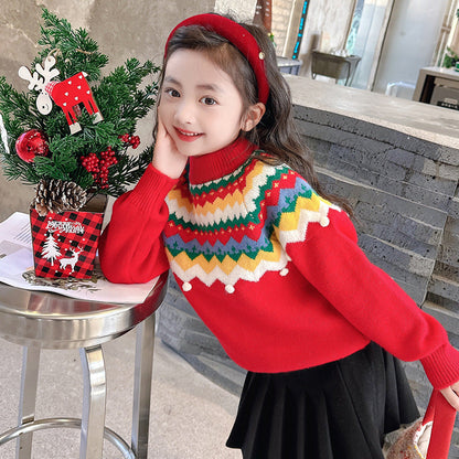 Girls' new sweater pullover knitted sweater bottom line sweater Christmas red top thick warm round neck outer wear