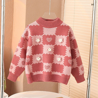 Girls winter thickened sweater thick wool Korean version three-dimensional flowers foreign fat elastic loose pullover bottom outer wear sweater