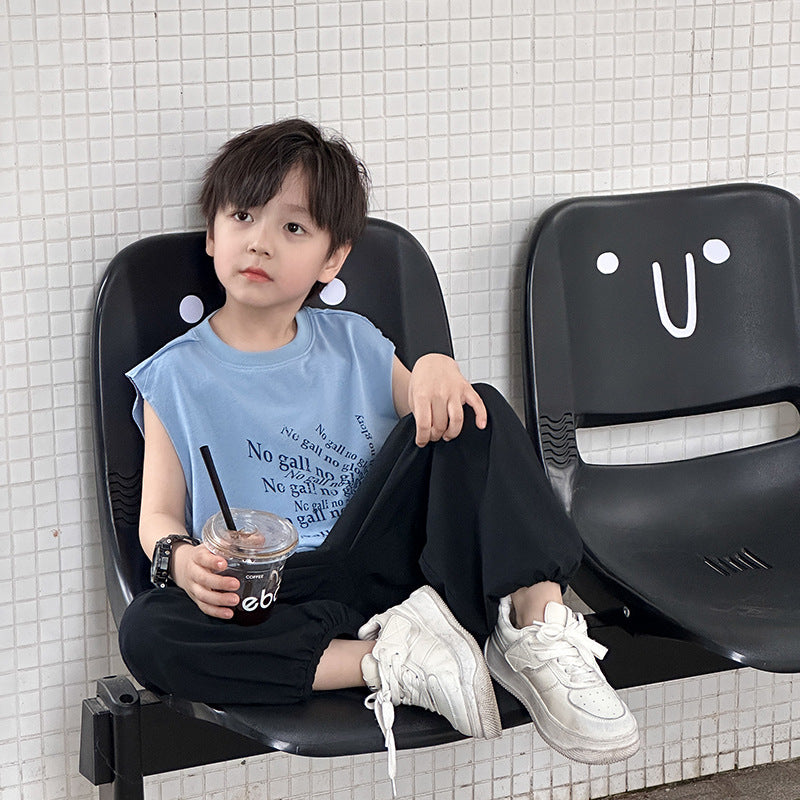 Amo Beibei children's tops 2024 boys summer style letter ice extract cotton comfortable vest baby loose bottoming shirt