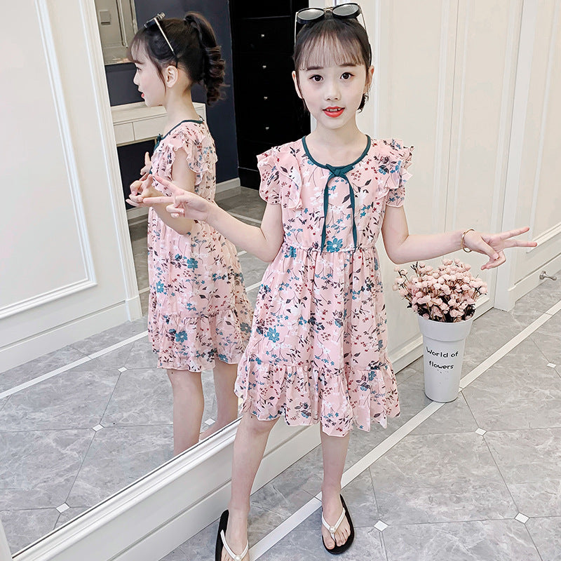 Girls floral chiffon dress 2024 new summer vest dress girl stylish skirt children's princess dress