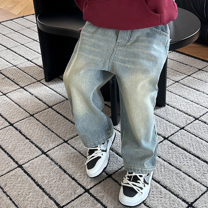 Amo Beibei children's 2023 winter thickened velvet trousers boys handsome Korean version of Austrian velvet denim straight pants