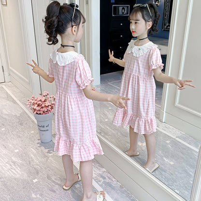 Girls short-sleeved dress 2024 summer new style wood ear edge doll collar plaid skirt girl cotton sweet long skirt