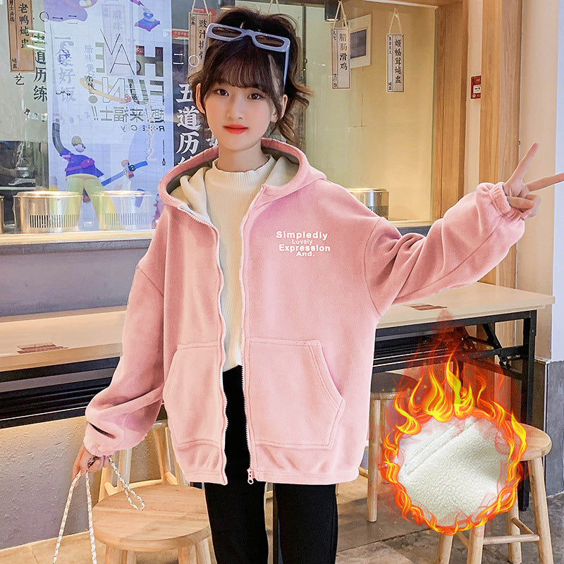 Girls winter wear 2024 new two-side-sided velvet warm-polar fleece thickened velvet cardigan jacketed រចនាប័ទ្មកីឡា