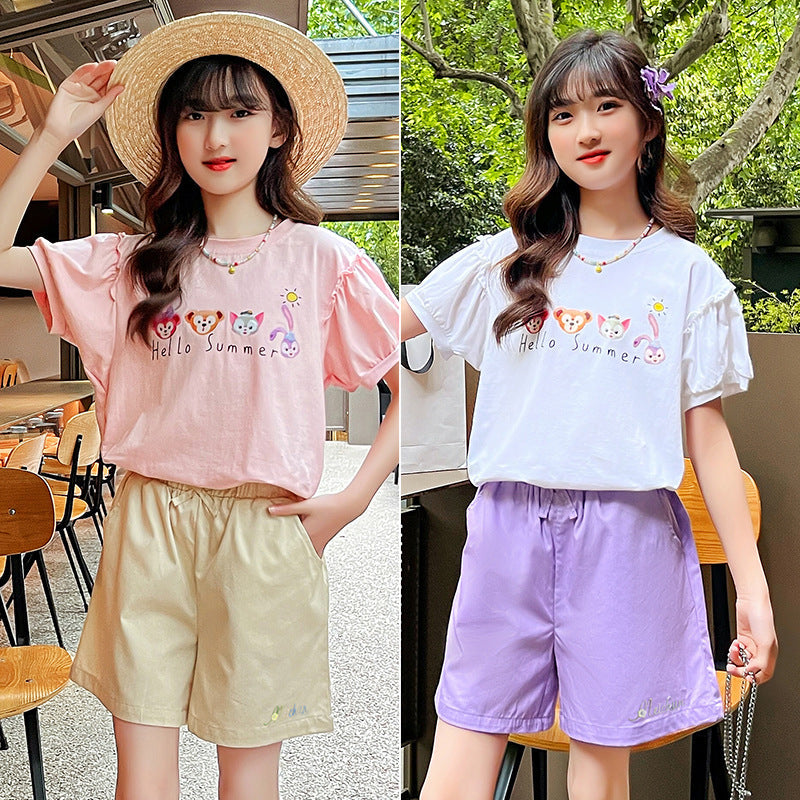 Girls summer short-sleeved T-shirt with cotton earrings and fragrant elastic for middle and large children, primary and junior high school students, fat cartoon trend