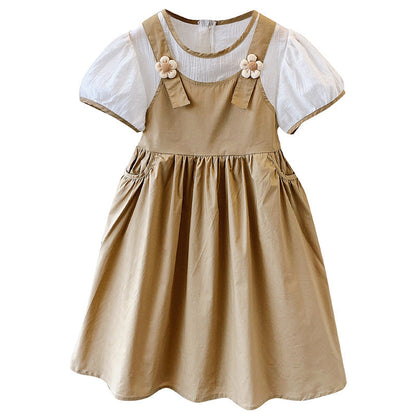 Summer children's cotton skirt fake two-piece overalls skirt Korean version girl long skirt kindergarten graduation vacation summer vacation college