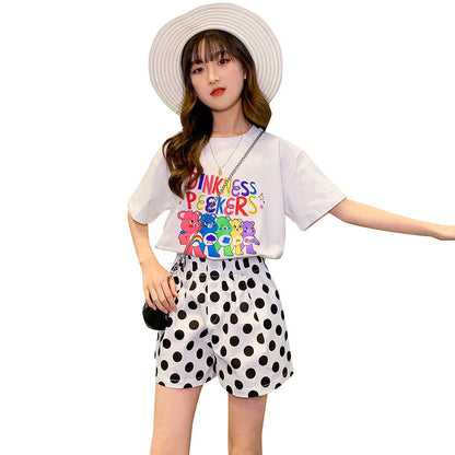 Children's Girls Summer Short-sleeved Tops Cotton T Cartoon Print Loose Elastic Fat Student Big Kids Large Edition