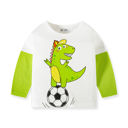 betop children's clothing new spring and autumn children's long-sleeved T-shirt trendy cartoon dinosaur sleeves boy's top round neck knitted