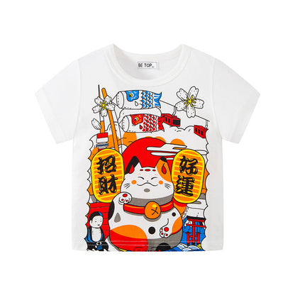 Children's clothing new Chinese style lion dance koi lucky cat print children's short-sleeved stylish T-shirt festive New Year top