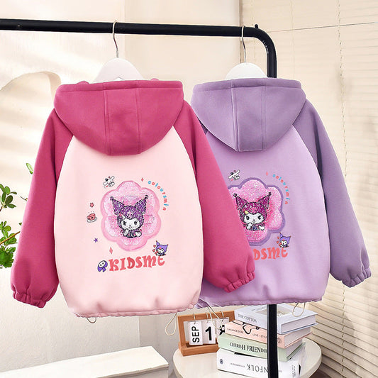 Girls autumn and winter thickened fleece jacket cardigan zipper Korean style sequins cartoon warm kindergarten children middle children