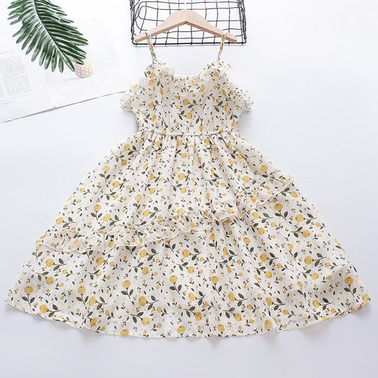 Girls suspender dress 2024 summer new style medium and large children chiffon floral dress pastoral style double layer holiday long dress