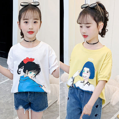 Girls short-sleeved T-shirt 2024 new style children's summer cartoon T-shirt medium and large children's loose printed top